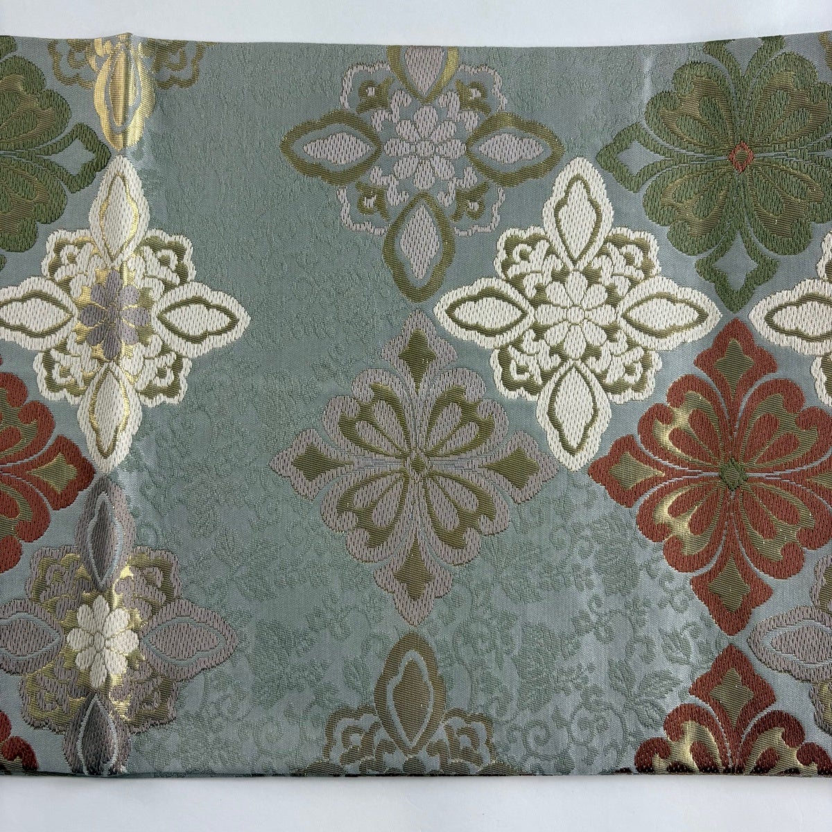 美品】 開き名古屋帯 秀品 花菱 花唐草 箔 唐織 灰色 正絹｜中古・古着
