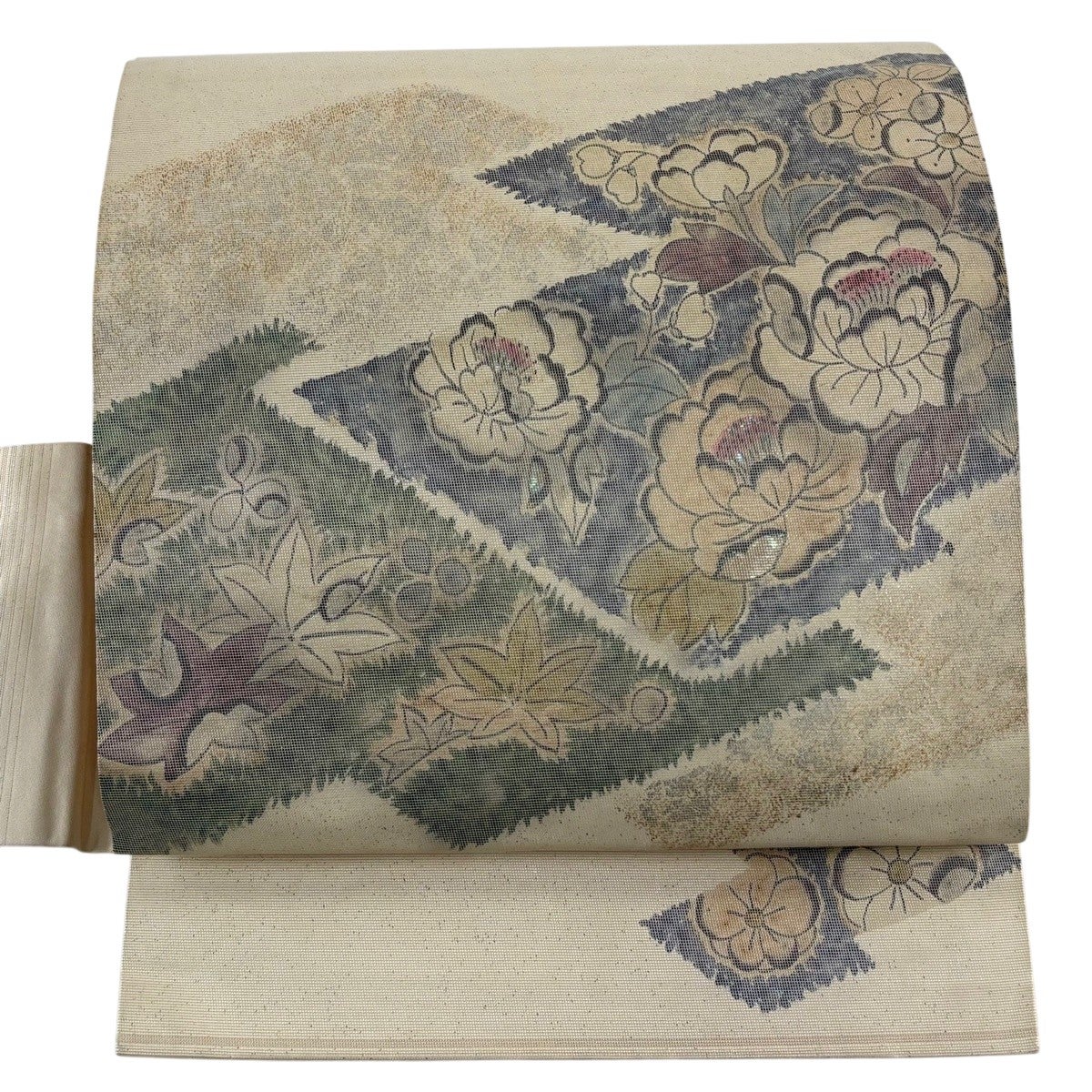 螺鈿細工　金彩　楓　牡丹　菊花　雲模様　蕾　着物　015b p 名古屋帯 秀品 牡丹 楓 螺鈿箔 金銀彩 クリーム 正絹｜中古・古着