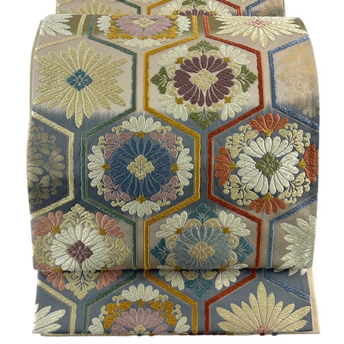 袋帯 秀品 七宝桐鉄線文 七宝 草花 唐織 箔 茶色 六通 正絹｜中古