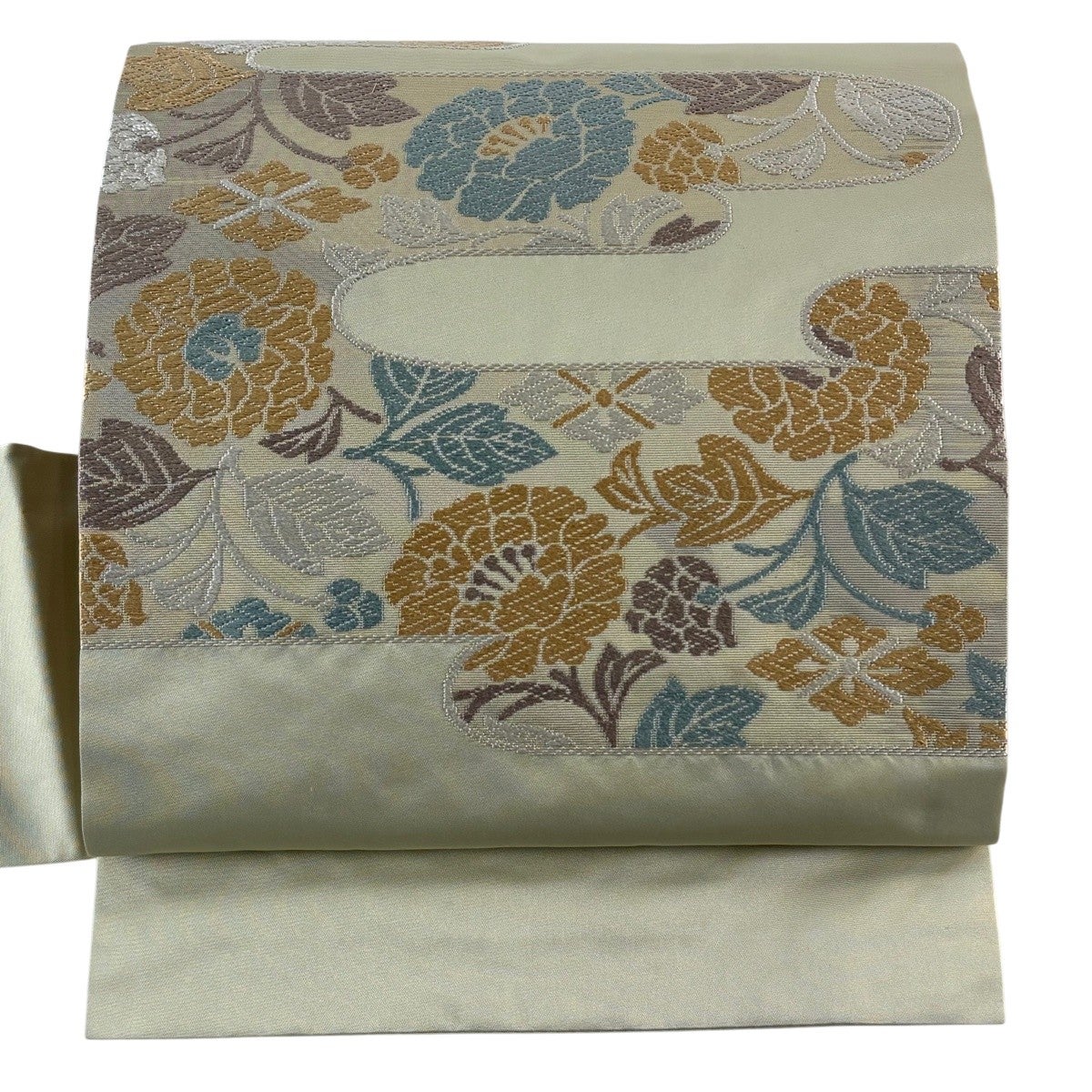 名古屋帯 秀品 ヱ霞 草花 箔 唐織 薄緑 正絹｜中古・古着・リサイクル