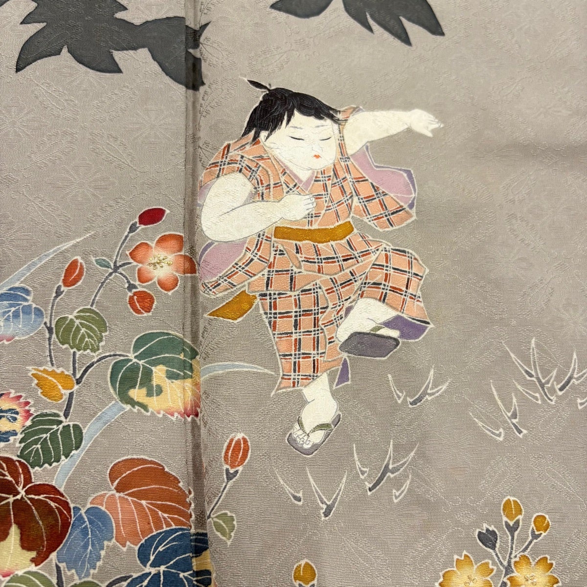 在庫一掃】 付下げ 身丈167cm 裄丈64.5cm M 袷 童 草花 灰色 正絹 秀品