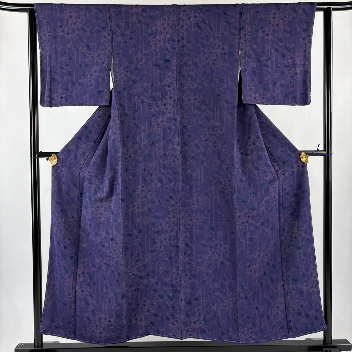 美品】 小紋 身丈156cm 裄丈62cm S 袷 紬地 七宝 草花 金彩 濃紫 正絹