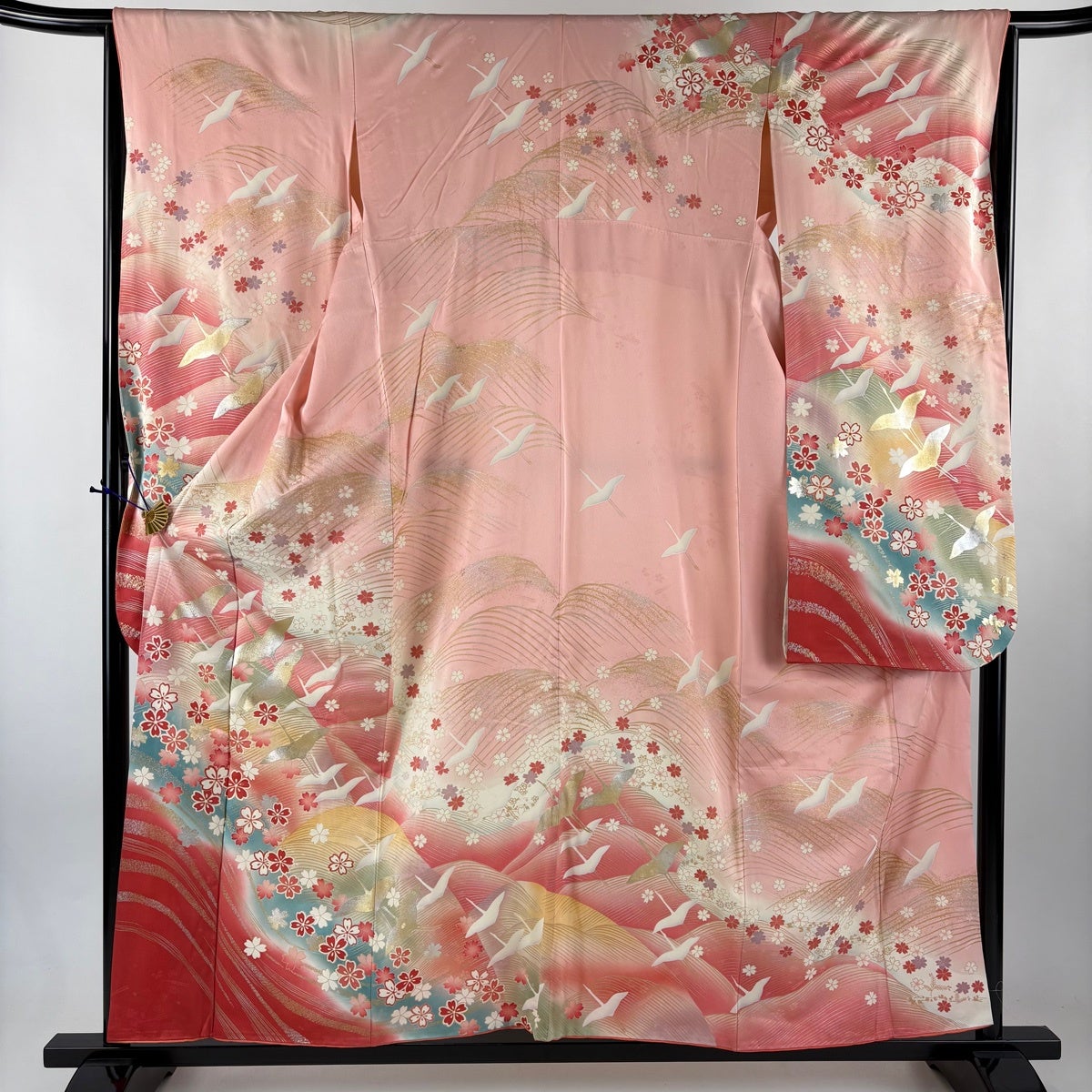 振袖 身丈157.5cm 裄丈65cm M 袷 鈴乃屋 鶴 桜 金銀彩 ピンク 正絹 秀