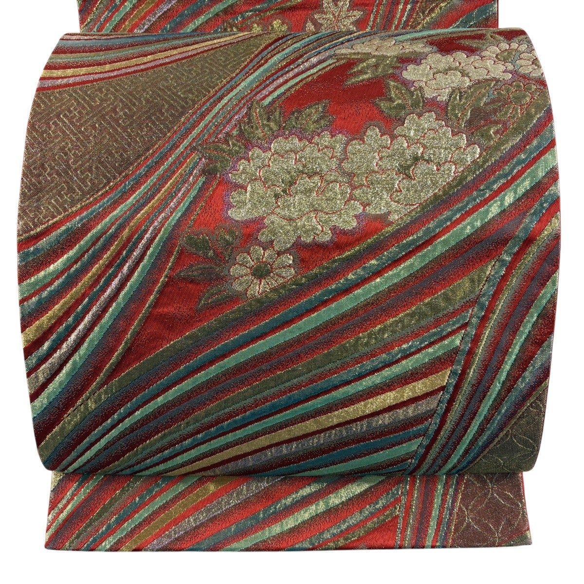 袋帯 秀品 彩波全通 草花 紗綾形 金糸 箔 赤 全通 正絹｜中古・古着