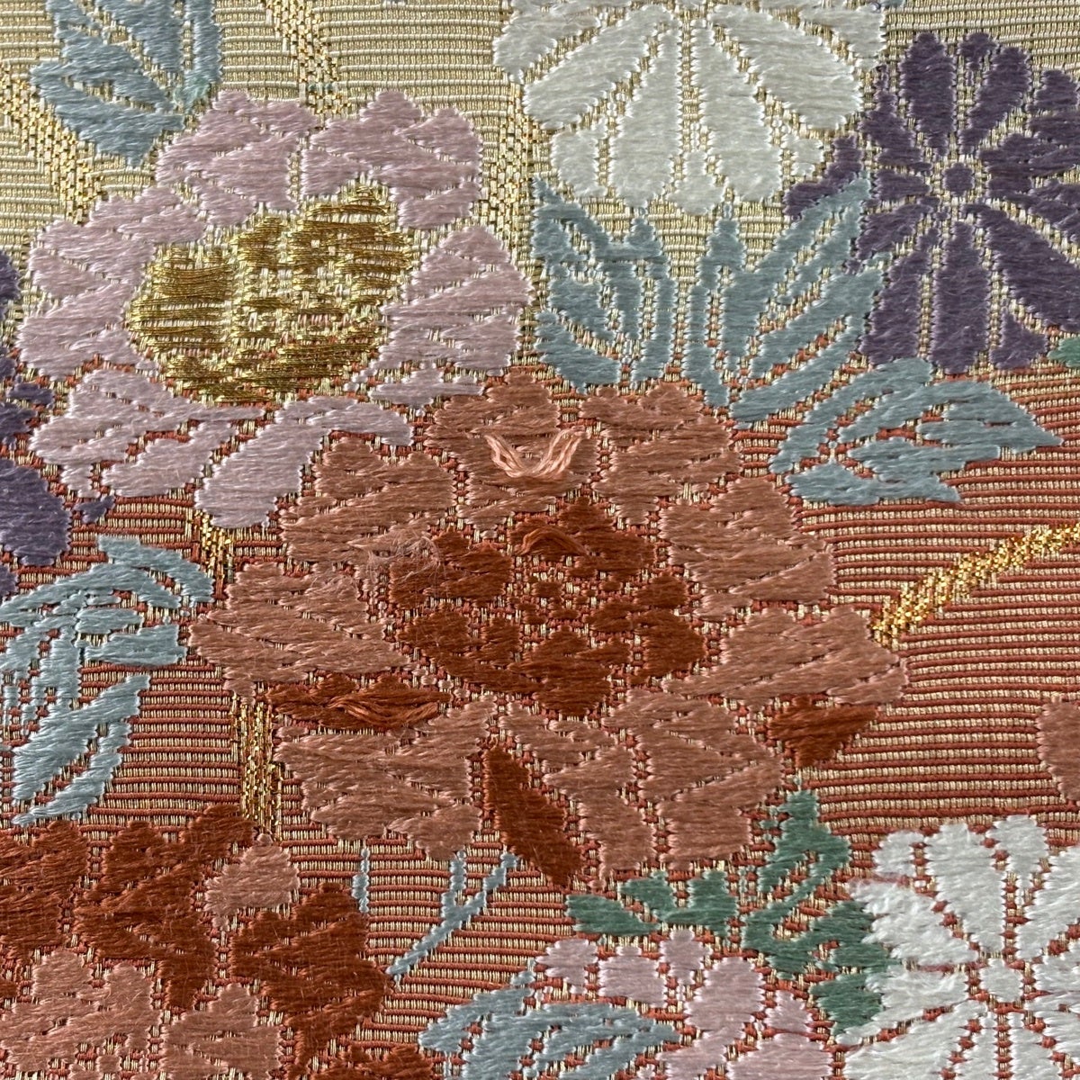 袋帯 秀品 能衣霞に花車文 蝶 唐織 箔 茜色 六通 正絹|中古・古着 袋帯 秀品 能衣霞に花車文 蝶 唐織 箔 茜色 六通 正絹|中古・古着