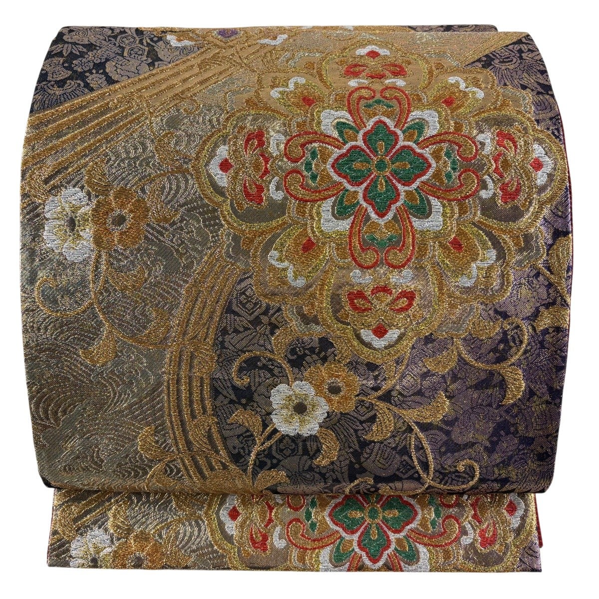 美品】 袋帯 秀品 振袖向き 華文 波 金銀糸 箔 紫 六通 正絹｜中古