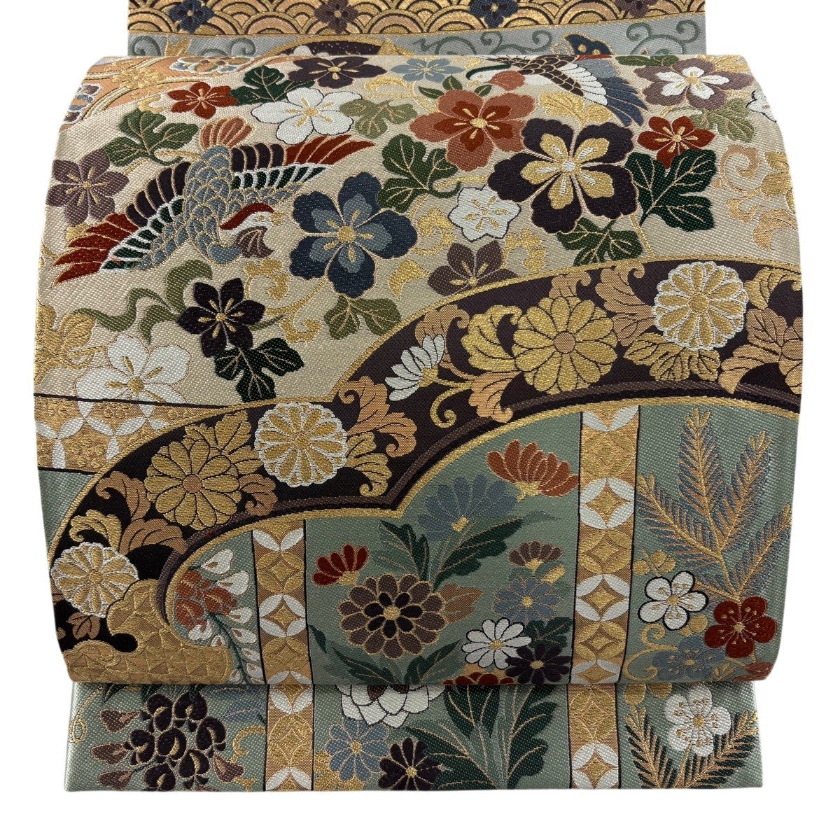 美品】 袋帯 秀品 誰が袖錦 花鳥 菊唐草 箔 金糸 薄緑 六通 正絹｜中古