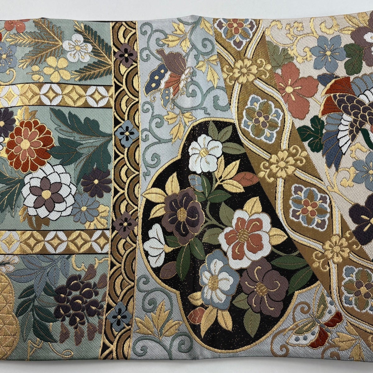 美品】 袋帯 秀品 誰が袖錦 花鳥 菊唐草 箔 金糸 薄緑 六通 正絹｜中古