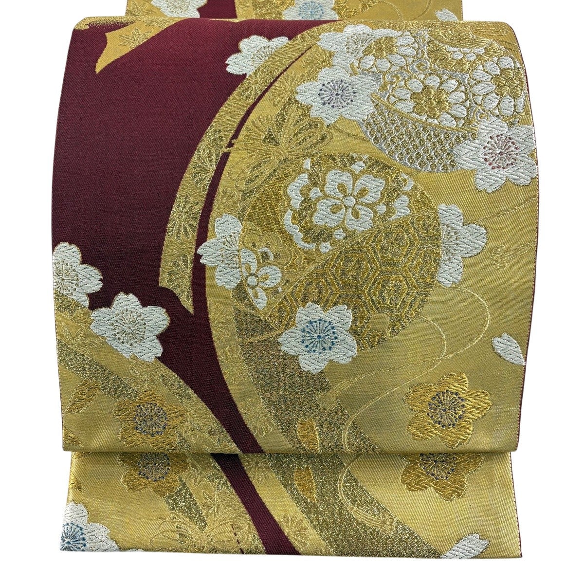 美品】 袋帯 秀品 桜 組紐 金銀糸 箔 赤 六通 正絹｜中古・古着