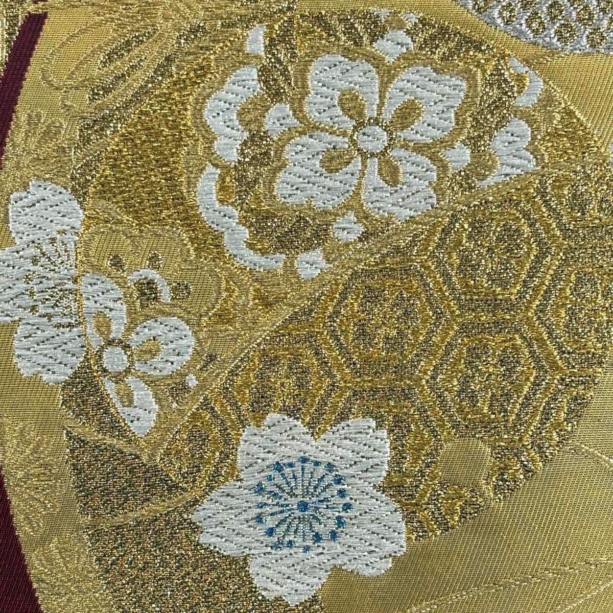 美品】 袋帯 秀品 桜 組紐 金銀糸 箔 赤 六通 正絹｜中古・古着