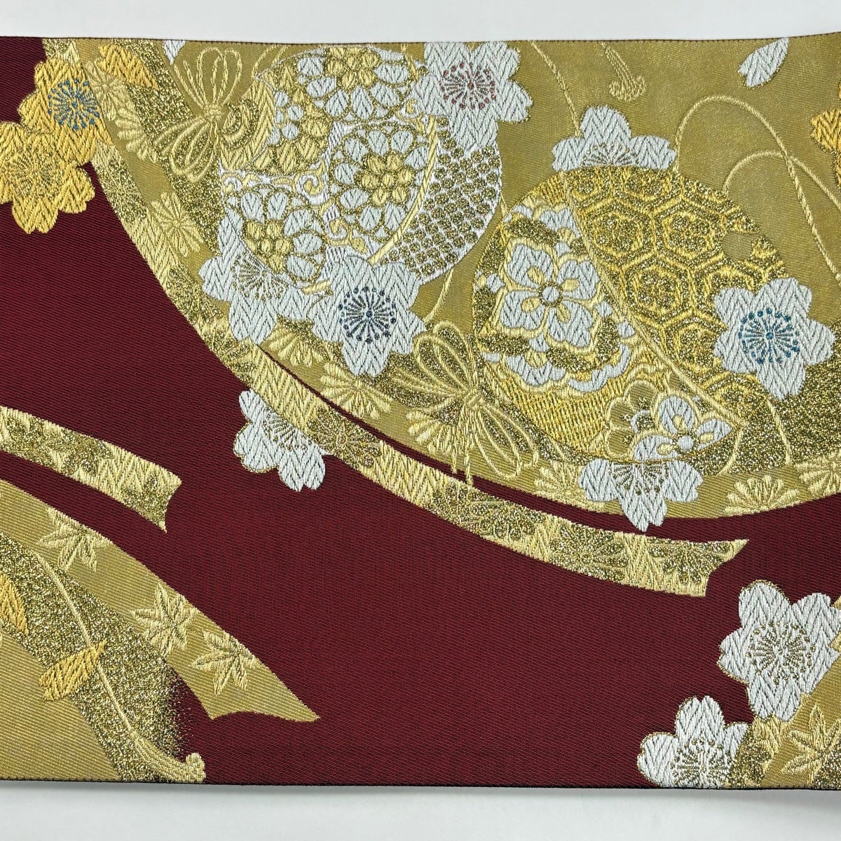 美品】 袋帯 秀品 桜 組紐 金銀糸 箔 赤 六通 正絹|中古・古着 美品】 袋帯 秀品 桜 組紐 金銀糸 箔 赤 六通 正絹|中古・古着