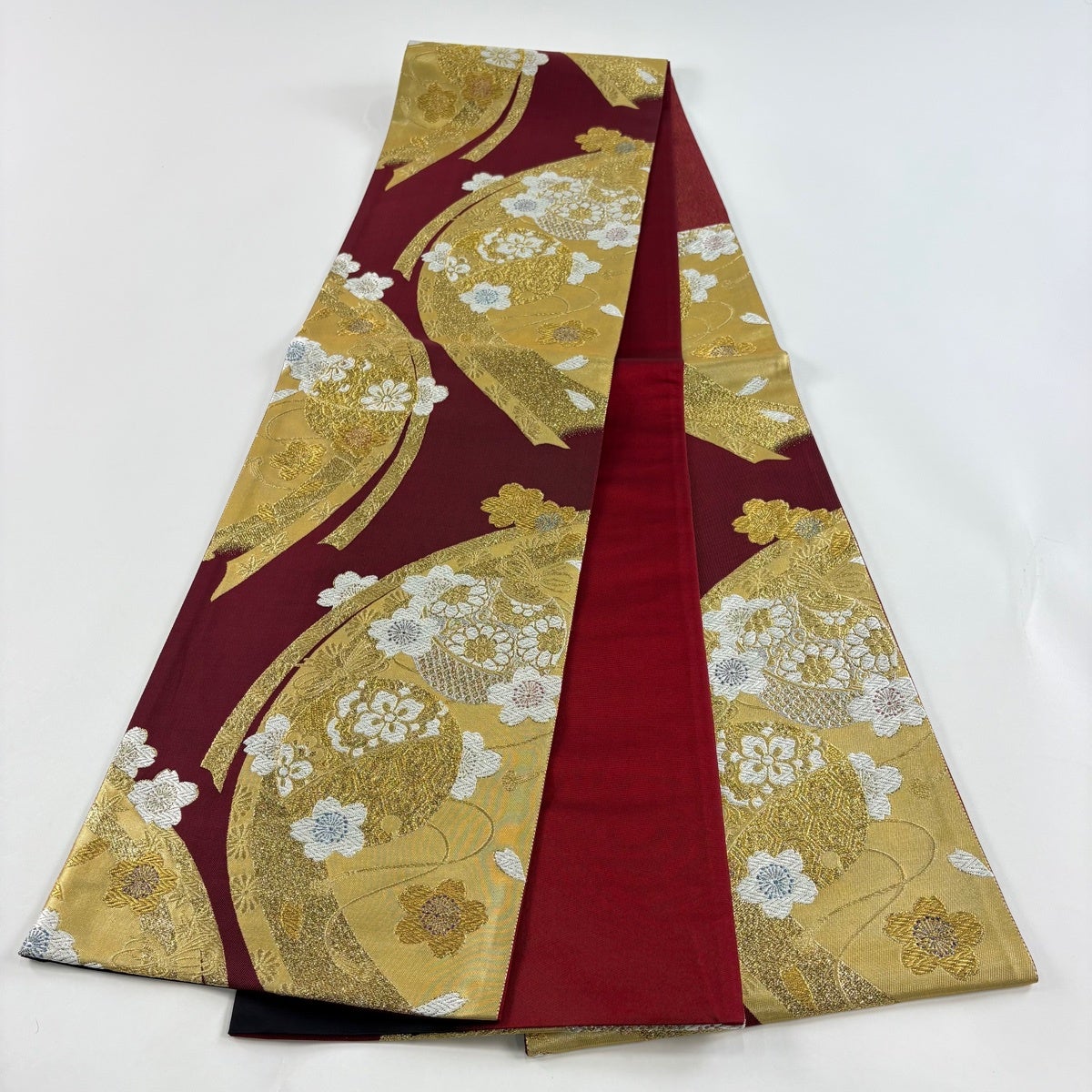 美品】 袋帯 秀品 桜 組紐 金銀糸 箔 赤 六通 正絹｜中古・古着