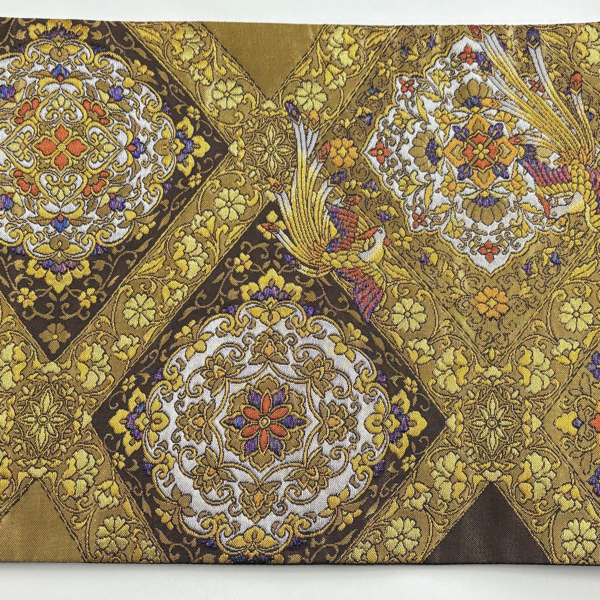 袋帯 秀品 尾長鳥 華文 箔 金糸 茶色 六通 正絹｜中古・古着