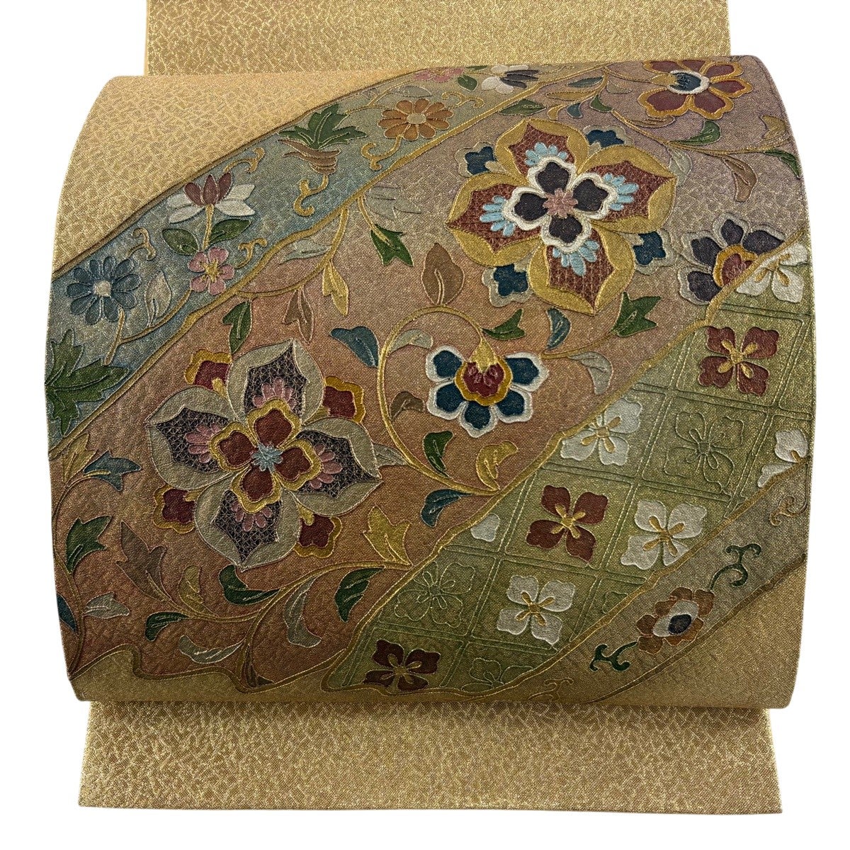 美品】 袋帯 秀品 花唐草 菱 金糸 箔 金色 お太鼓柄 正絹｜中古・古着