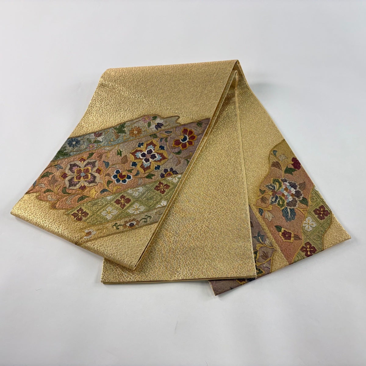 H-313 袋帯 正絹 お太鼓柄 丸文様 花唐草 孔雀 茶金 グレー 美品】 袋帯 秀品 花唐草 菱 金糸 箔 金色 お太鼓柄 正絹｜中古・古着