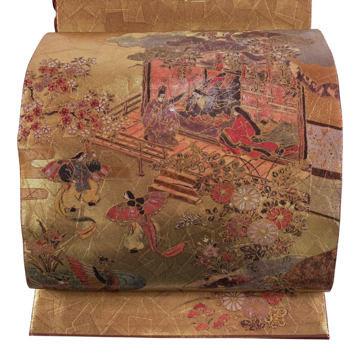美品】 袋帯 秀品 落款あり 人物 草花 箔 螺鈿 金色 お太鼓柄 正絹 美品】 袋帯 秀品 落款あり 人物 草花 箔 螺鈿 金色 お太鼓柄 正絹