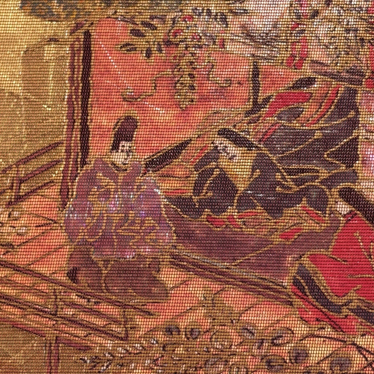 美品】 袋帯 秀品 落款あり 人物 草花 箔 螺鈿 金色 お太鼓柄 正絹