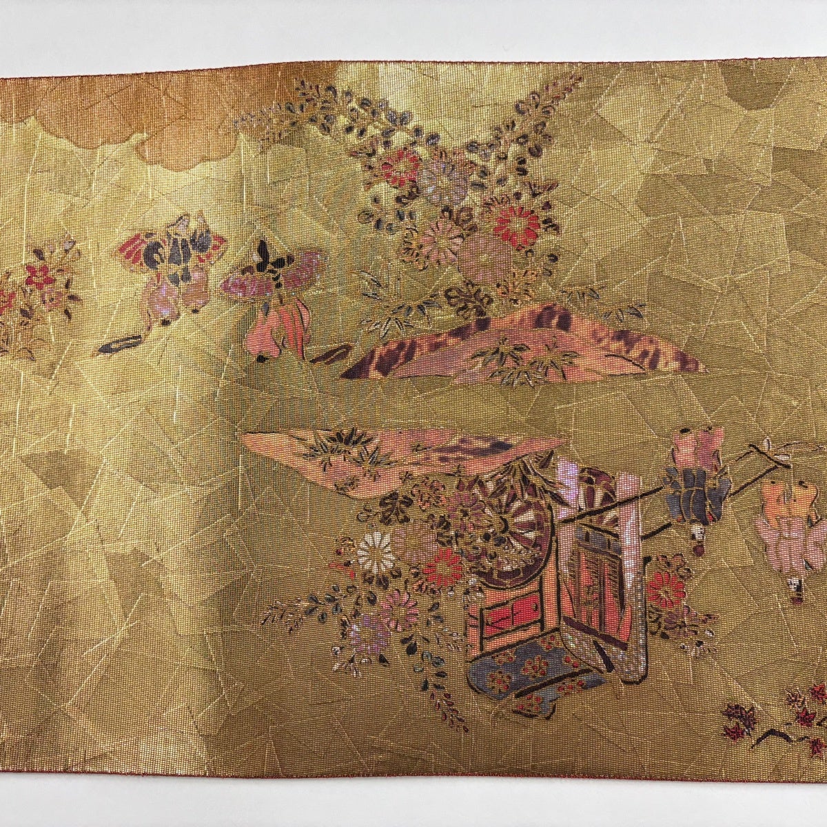 美品】 袋帯 秀品 落款あり 人物 草花 箔 螺鈿 金色 お太鼓柄 正絹