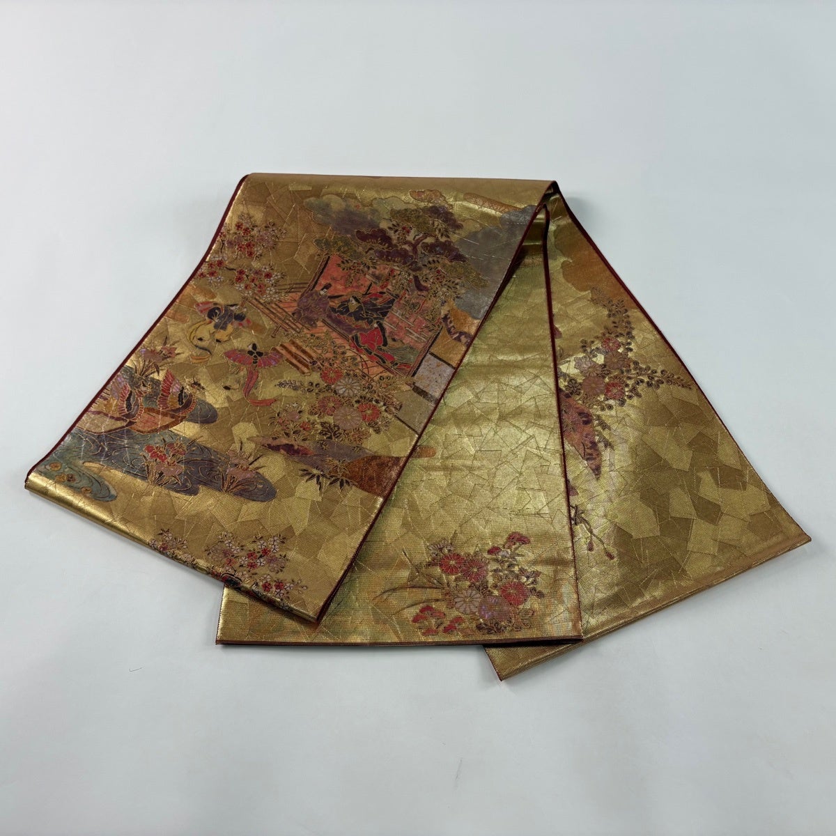 美品】 袋帯 秀品 落款あり 人物 草花 箔 螺鈿 金色 お太鼓柄 正絹