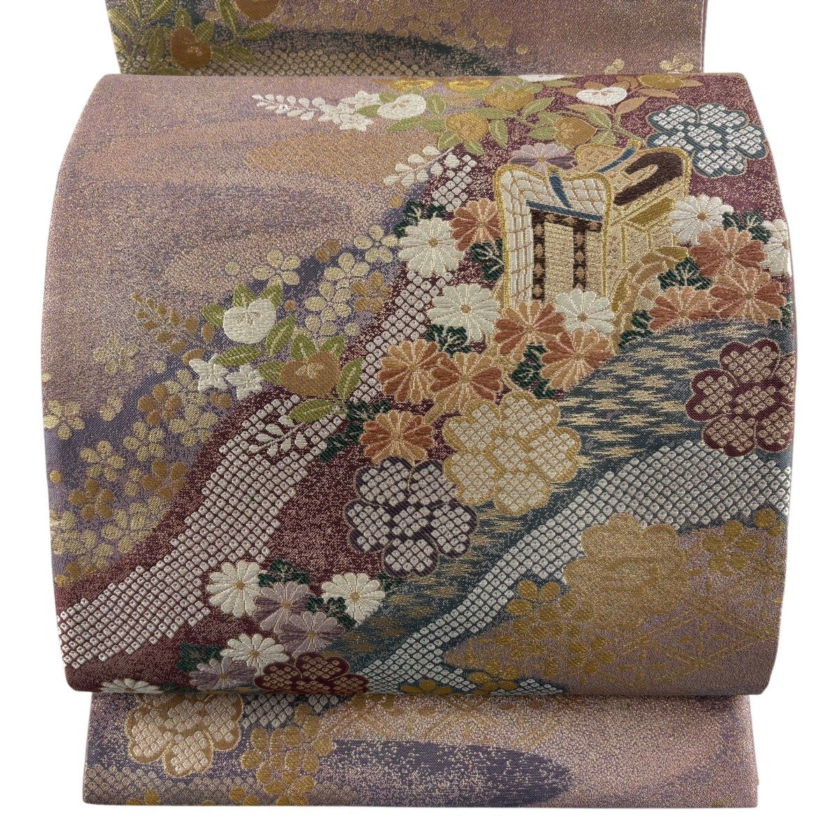 美品】 袋帯 秀品 御所車 草花 金糸 箔 薄紫 お太鼓柄 正絹｜中古