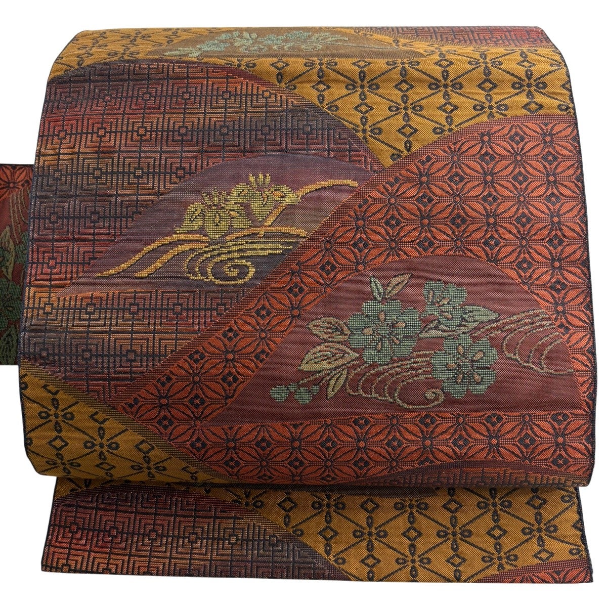 美品】 名古屋帯 秀品 寄せ柄 花唐草 箔 赤茶 正絹｜中古・古着