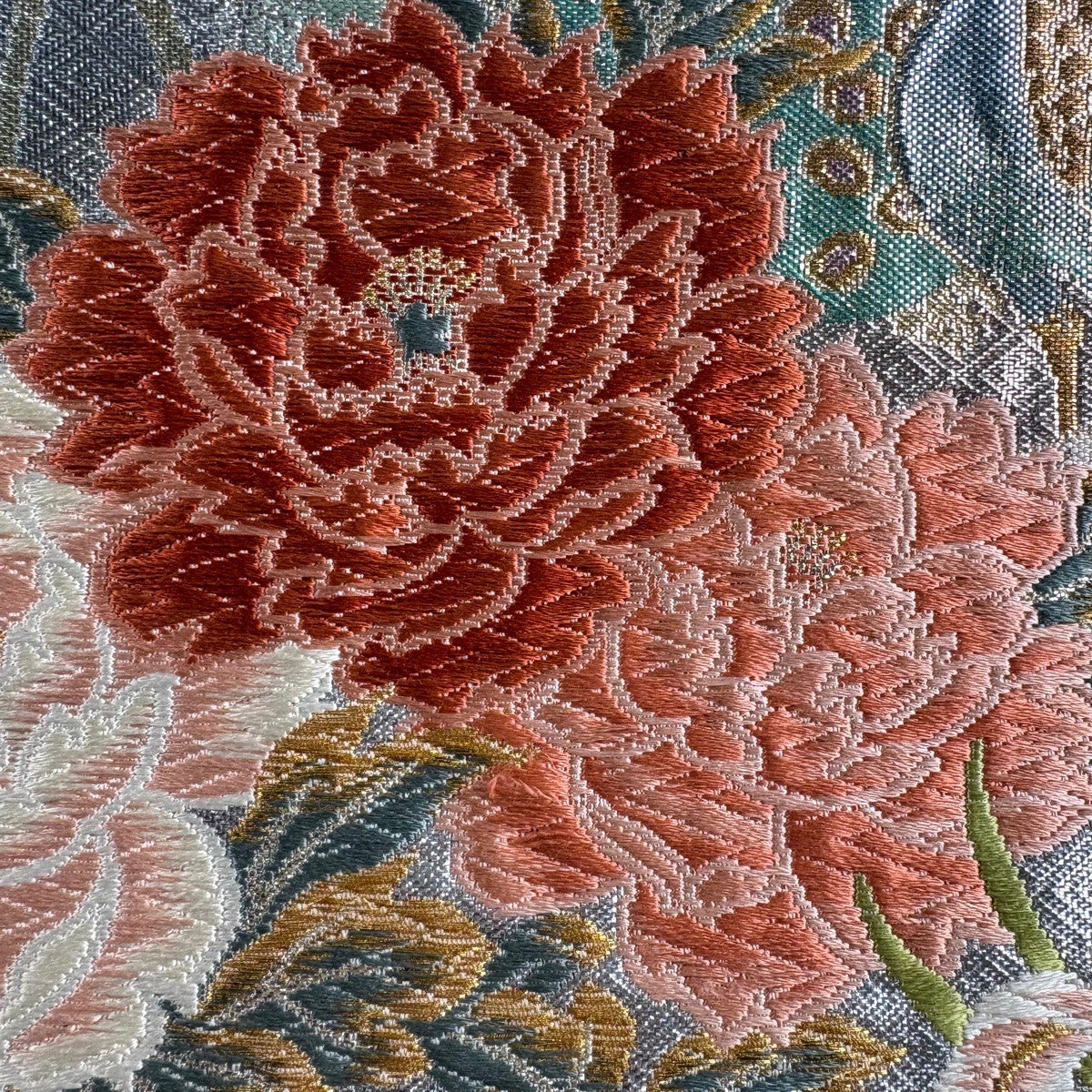 美品】 袋帯 秀品 牡丹 孔雀 唐織 箔 青灰色 六通 正絹｜中古・古着
