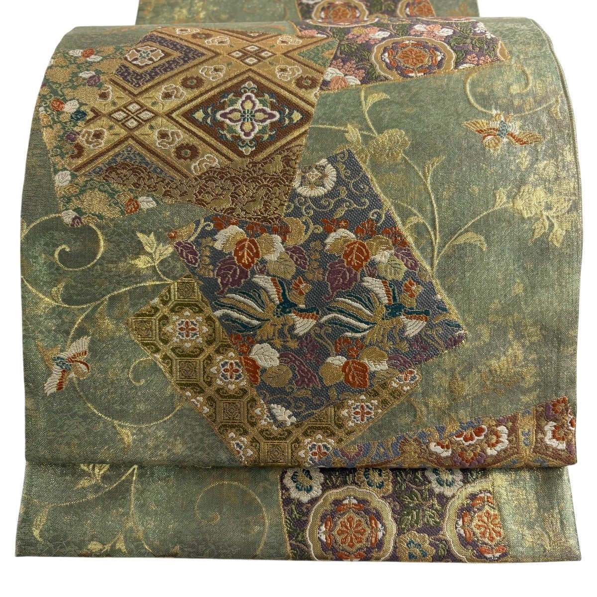 美品】 袋帯 秀品 色紙 花鳥 箔 唐織 緑 六通 正絹｜中古・古着