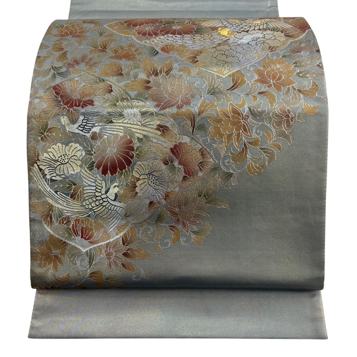 袋帯 秀品 鳥 草花 金銀彩 灰緑 お太鼓柄 正絹｜中古・古着