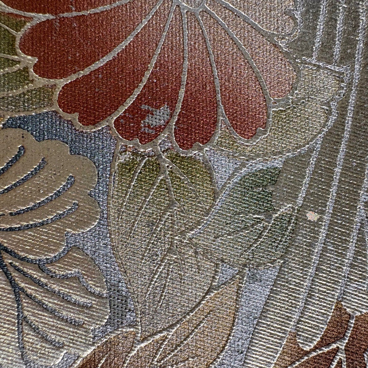 H-313 袋帯 正絹 お太鼓柄 丸文様 花唐草 孔雀 茶金 グレー 袋帯 秀品 鳥 草花 金銀彩 灰緑 お太鼓柄 正絹｜中古・古着