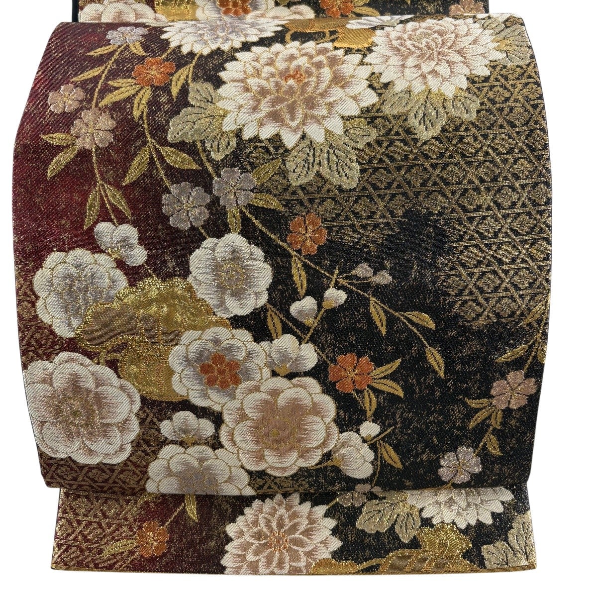 袋帯　振袖　ビロード　大輪花　金銀糸　ゴールド　正絹　#1115 袋帯 秀品 振袖向き 草花 鼓 金銀糸 箔 焦茶色 六通 正絹｜中古・古着