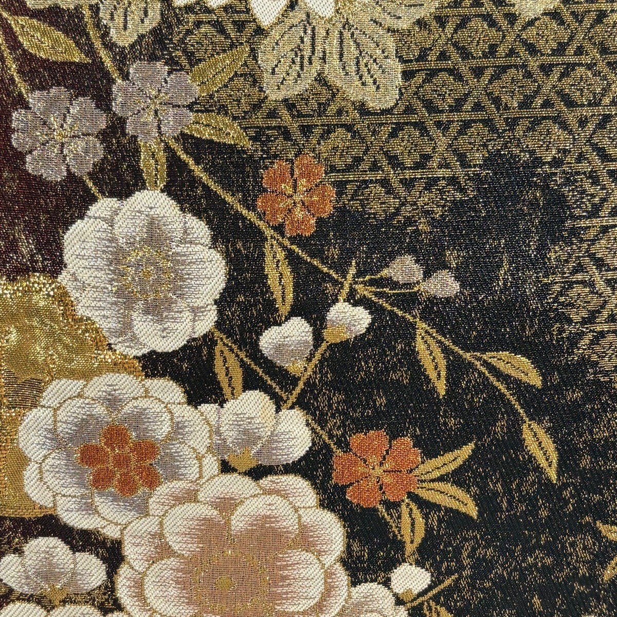 袋帯　正絹　金糸　銀糸　花模様　菊花　菖　藤　流線　鹿の子　着物　075tz 袋帯 美しい花模様 菊 菖蒲 鈍紫色 金糸 O-4638 【公式通販】