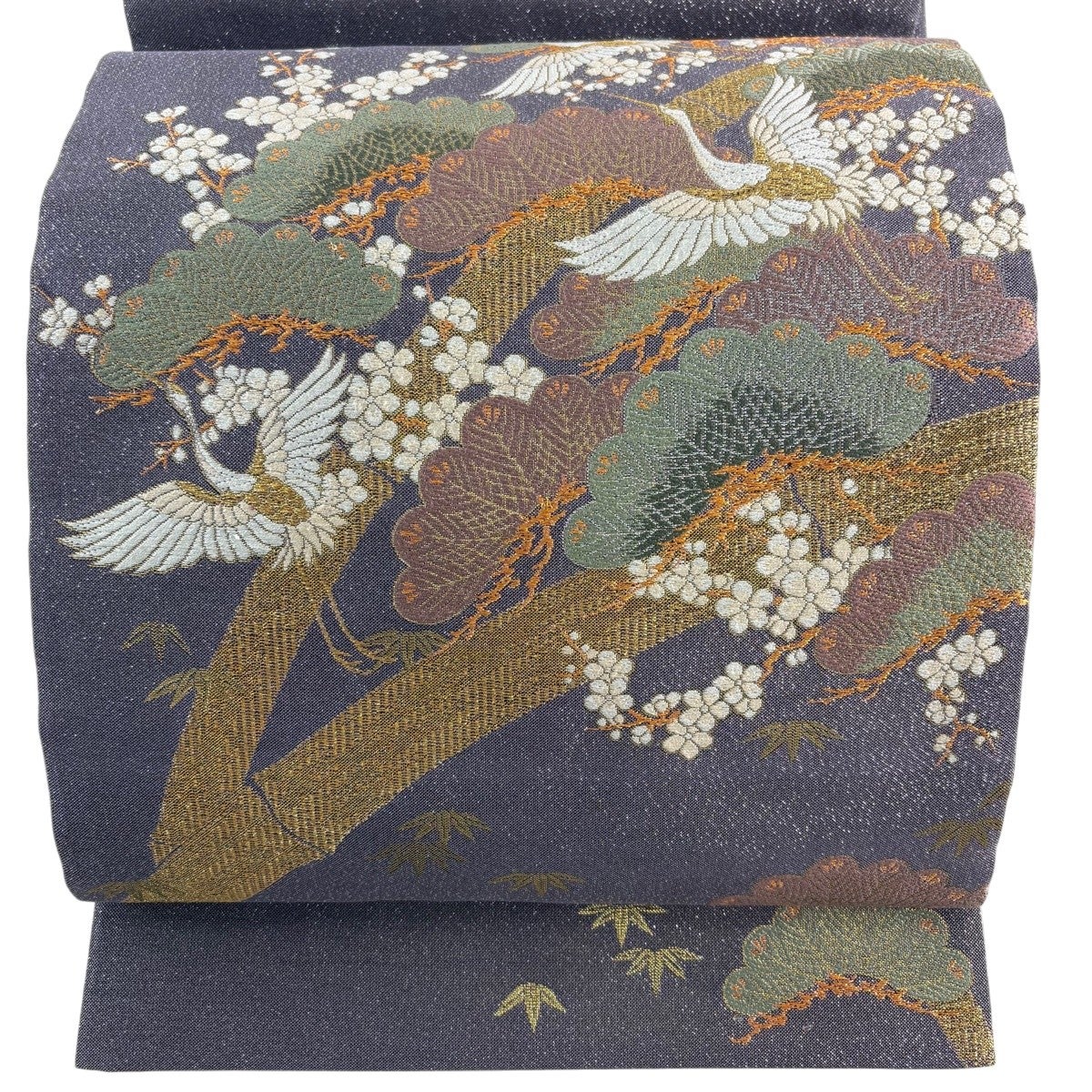 美品】 袋帯 秀品 松竹梅 鶴 金糸 箔 紫 お太鼓柄 正絹｜中古・古着