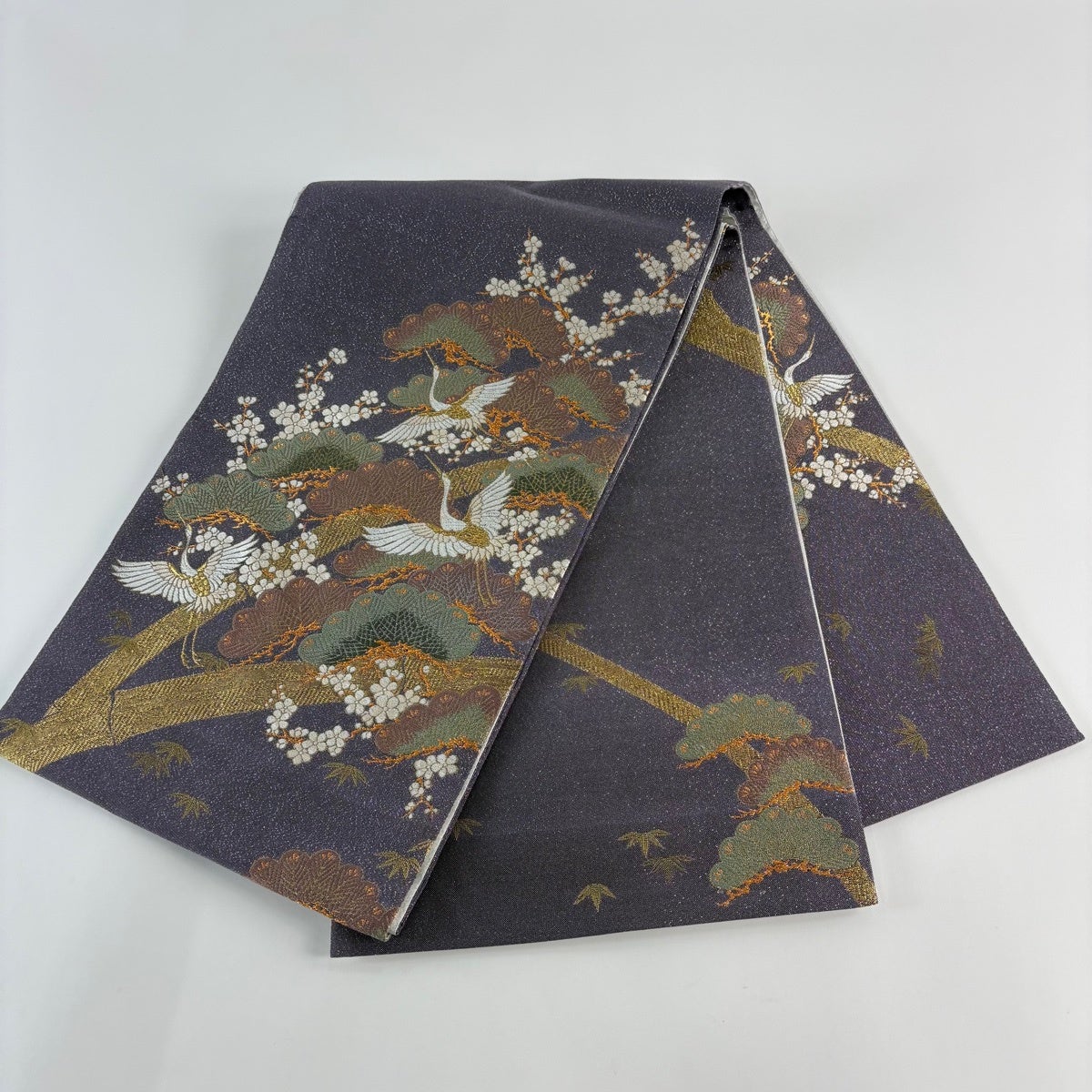 美品】 袋帯 秀品 松竹梅 鶴 金糸 箔 紫 お太鼓柄 正絹｜中古・古着