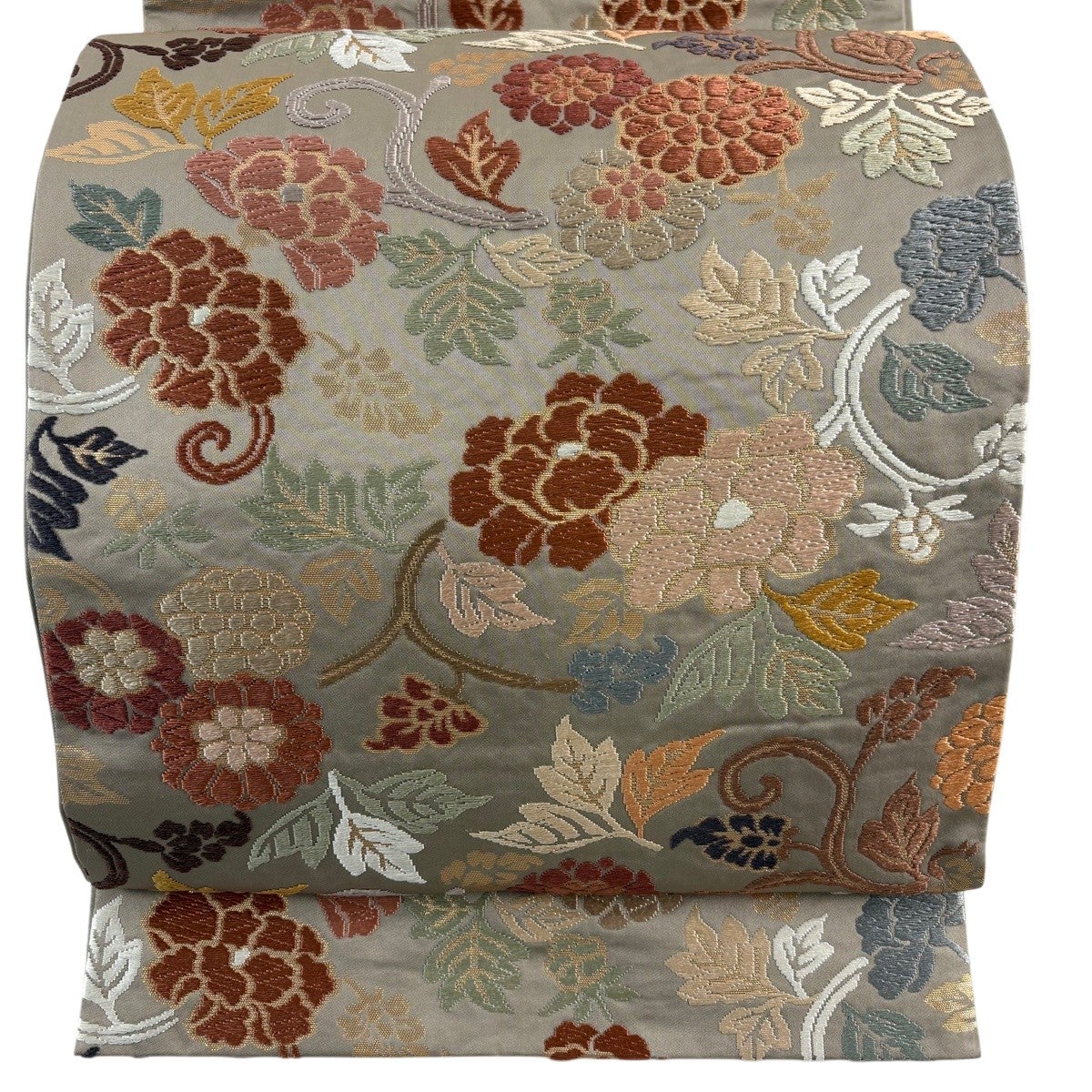美品】 袋帯 秀品 花唐草 唐織 箔 灰茶 六通 正絹｜中古・古着