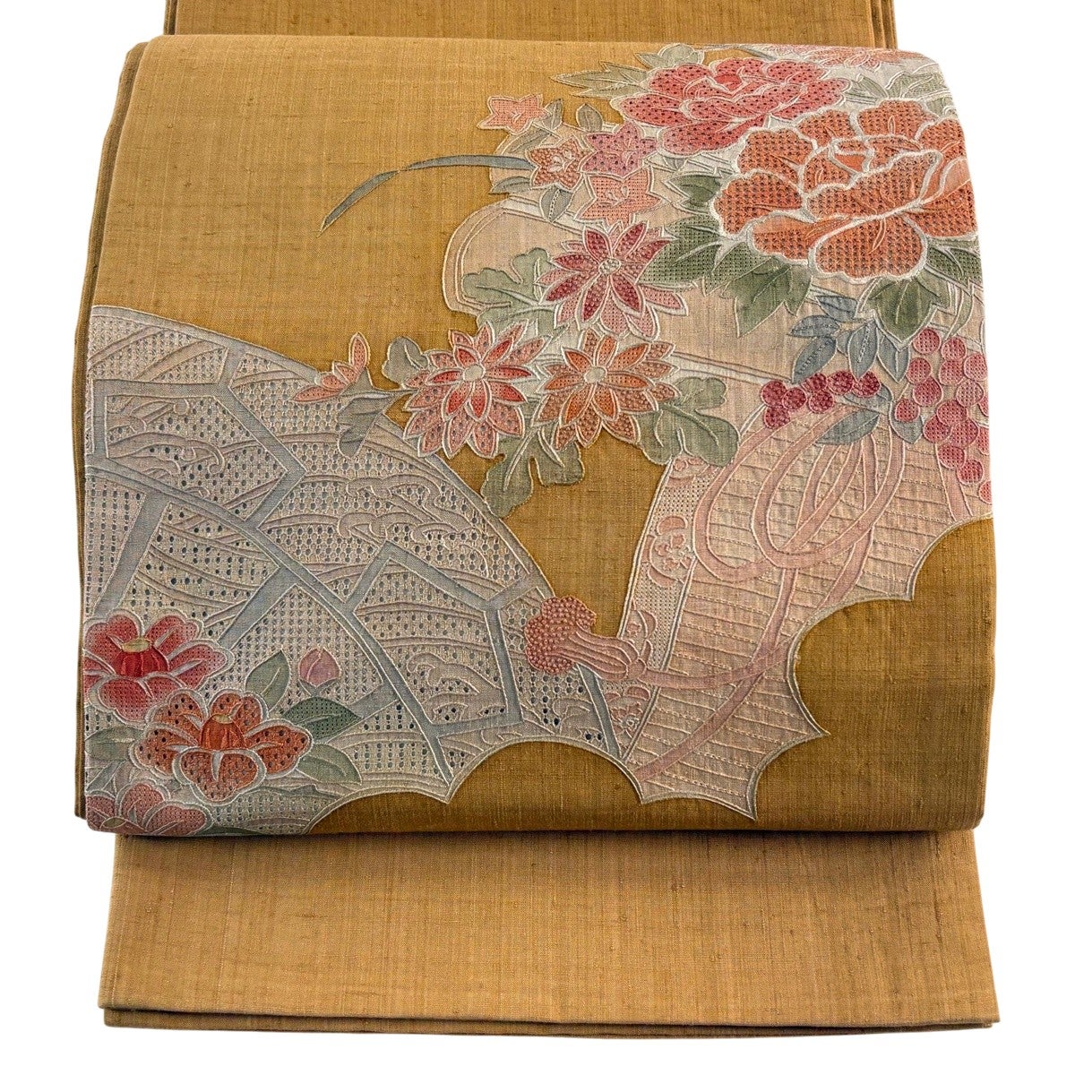 【中古】花柄布地のダークブラウン額縁19-333 袋帯 秀品 紬地 草花 刺繍 山吹茶色 お太鼓柄 正絹｜中古・古着
