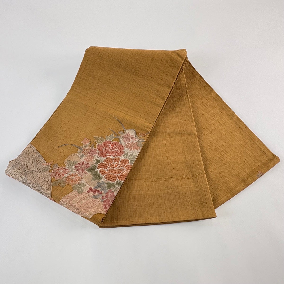 袋帯 秀品 紬地 草花 刺繍 山吹茶色 お太鼓柄 正絹｜中古・古着