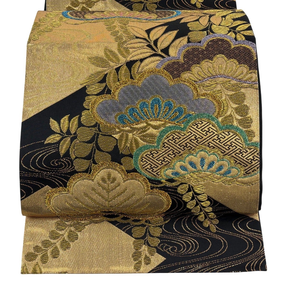 美品】 袋帯 秀品 振袖向き 笠松 流水 金糸 箔 黒 六通 正絹｜中古