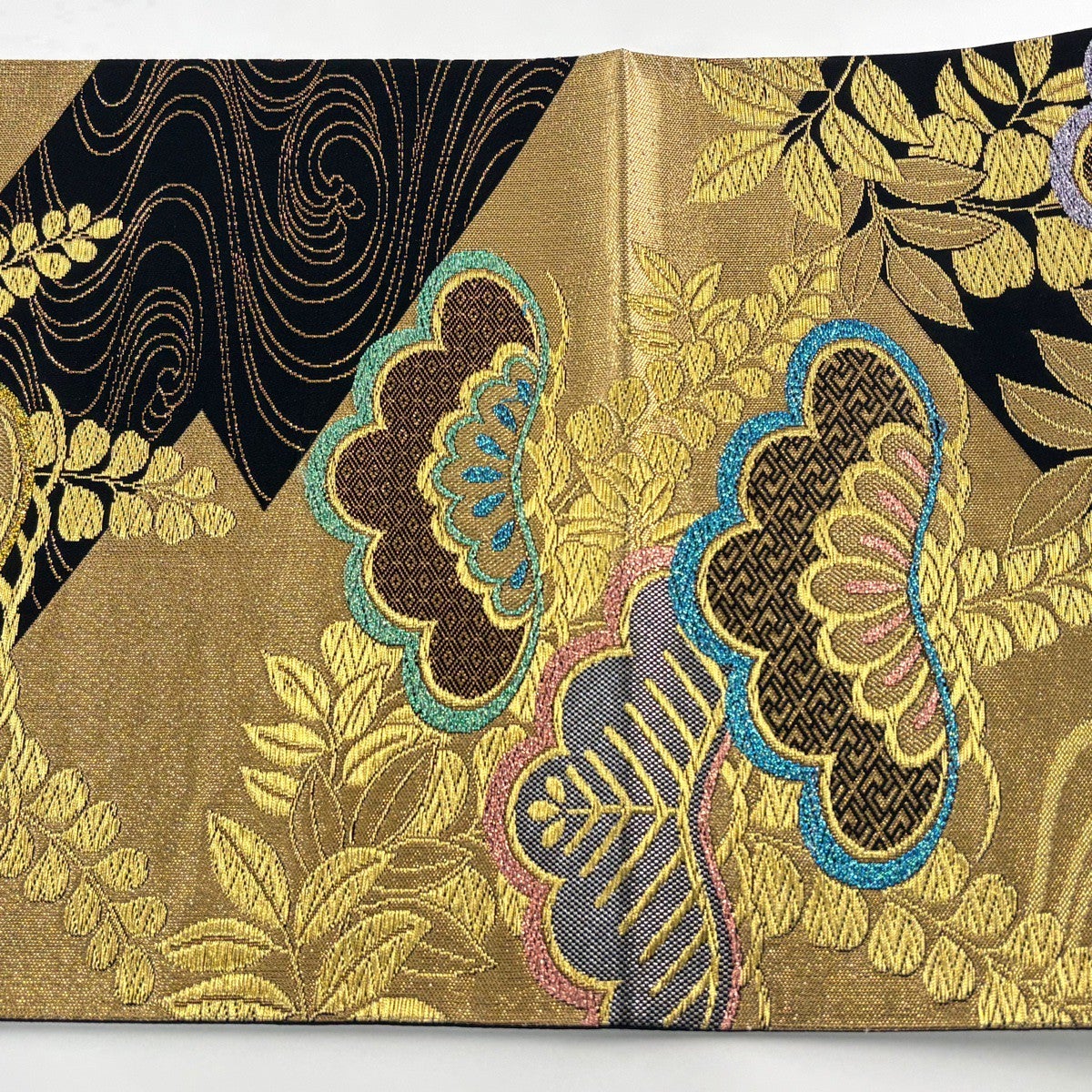 美品】 袋帯 秀品 振袖向き 笠松 流水 金糸 箔 黒 六通 正絹|中古 美品】 袋帯 秀品 振袖向き 笠松 流水 金糸 箔 黒 六通 正絹|中古