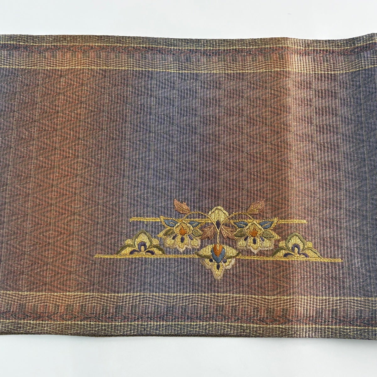 美品】 袋帯 秀品 花 向かい鳥 金糸 刺繍 茶紫 お太鼓柄 正絹｜中古