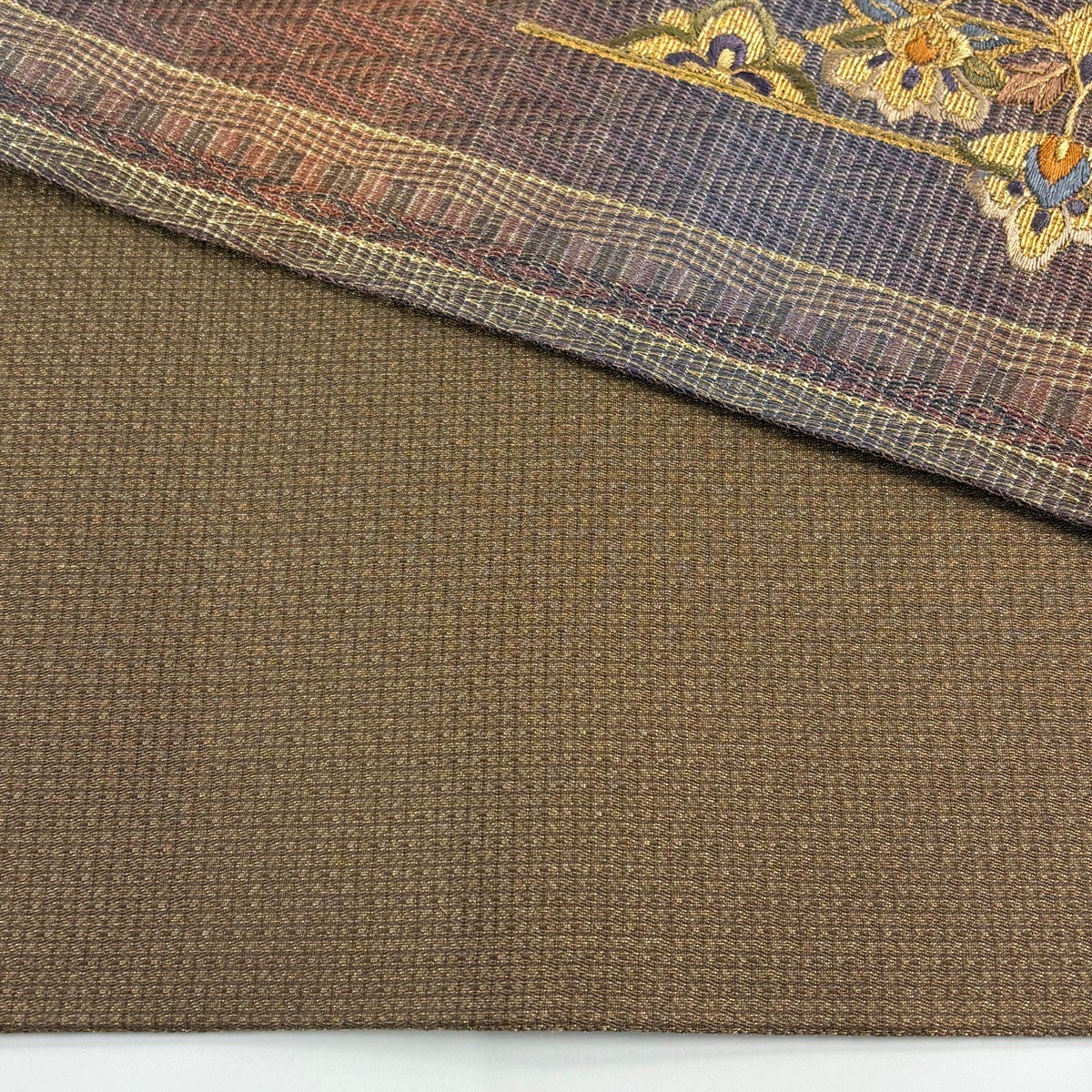 美品】 袋帯 秀品 花 向かい鳥 金糸 刺繍 茶紫 お太鼓柄 正絹｜中古