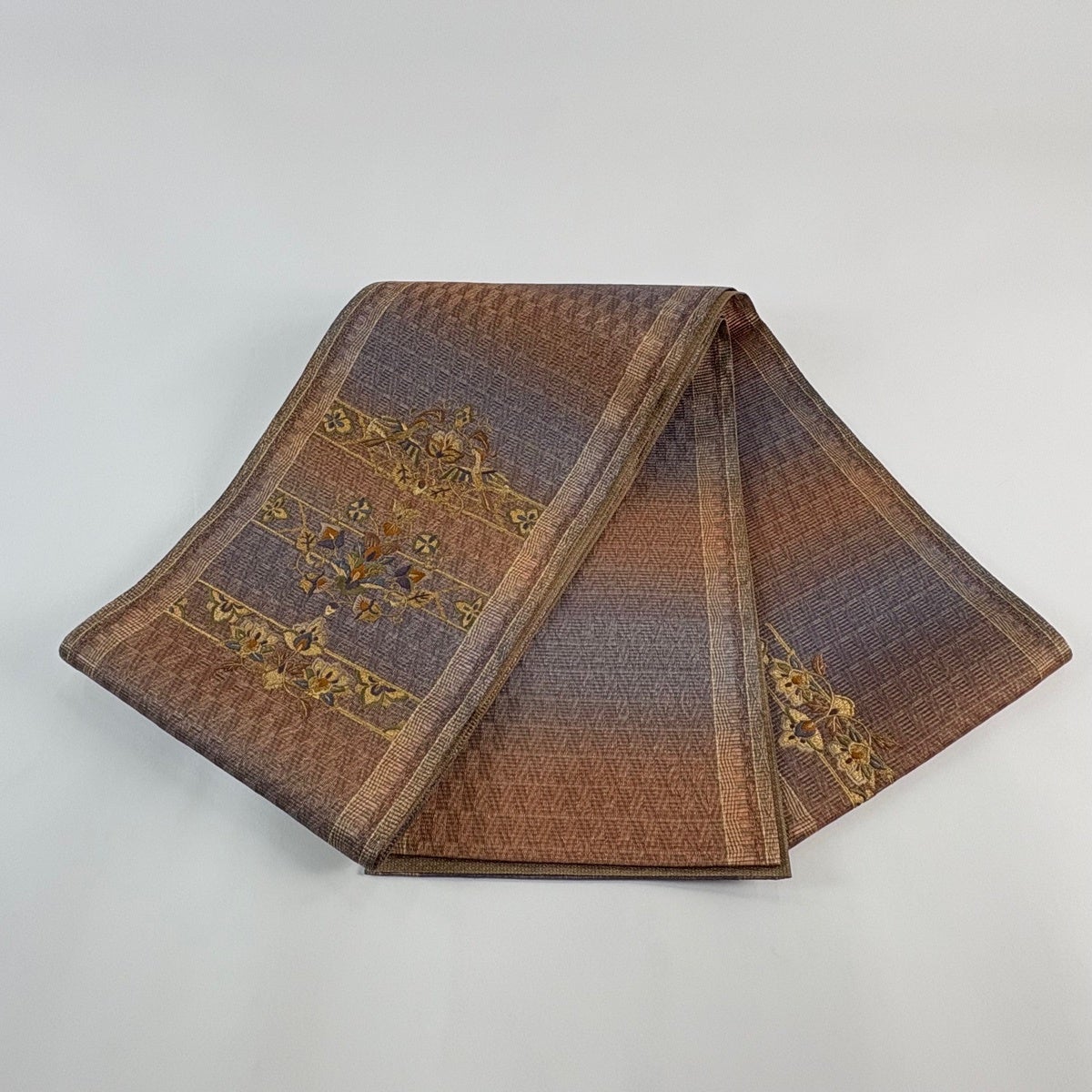 美品】 袋帯 秀品 花 向かい鳥 金糸 刺繍 茶紫 お太鼓柄 正絹｜中古