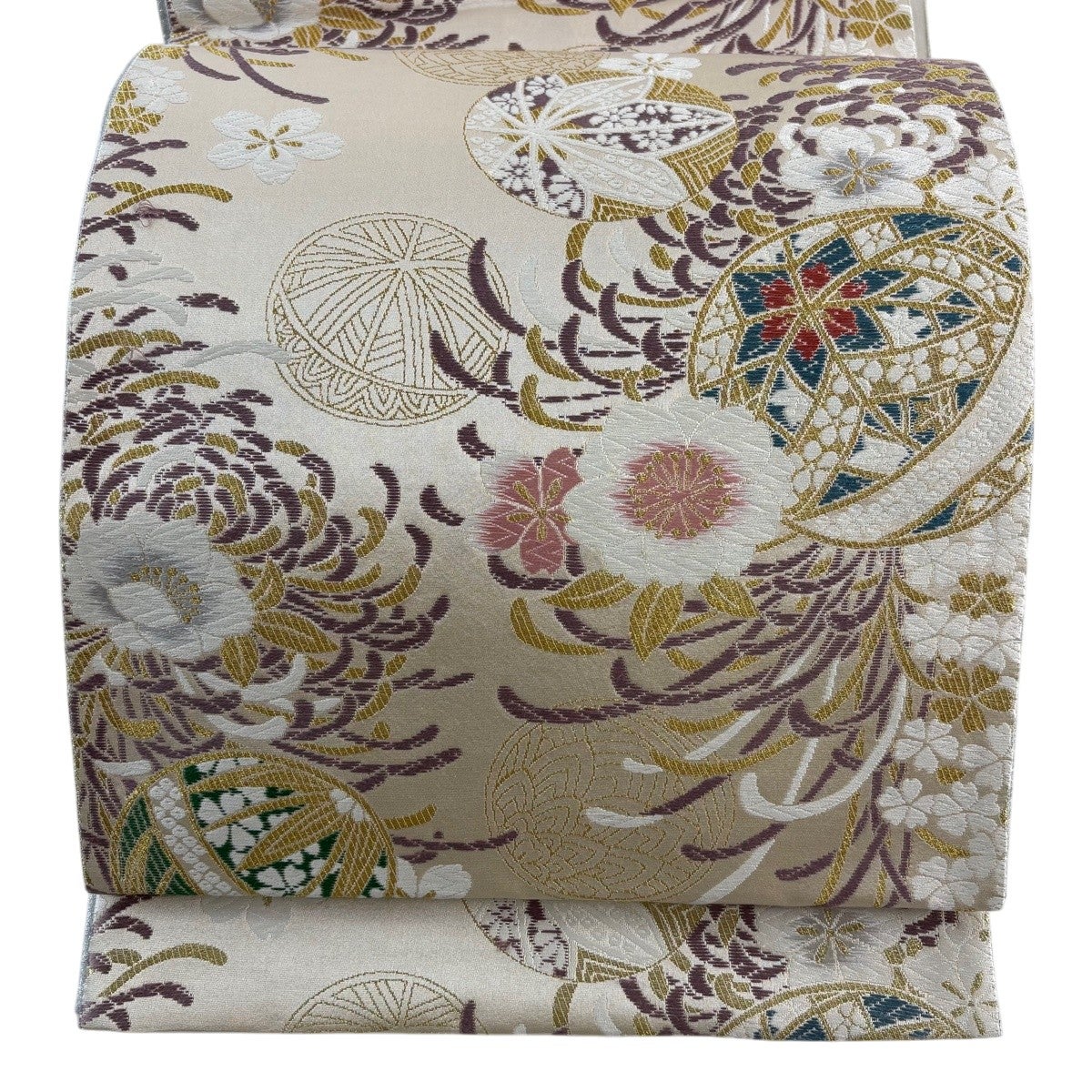 袋帯 秀品 手鞠 桜 金糸 箔 ベージュ 六通 正絹｜中古・古着