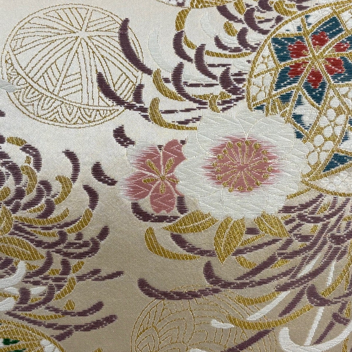袋帯 秀品 手鞠 桜 金糸 箔 ベージュ 六通 正絹｜中古・古着