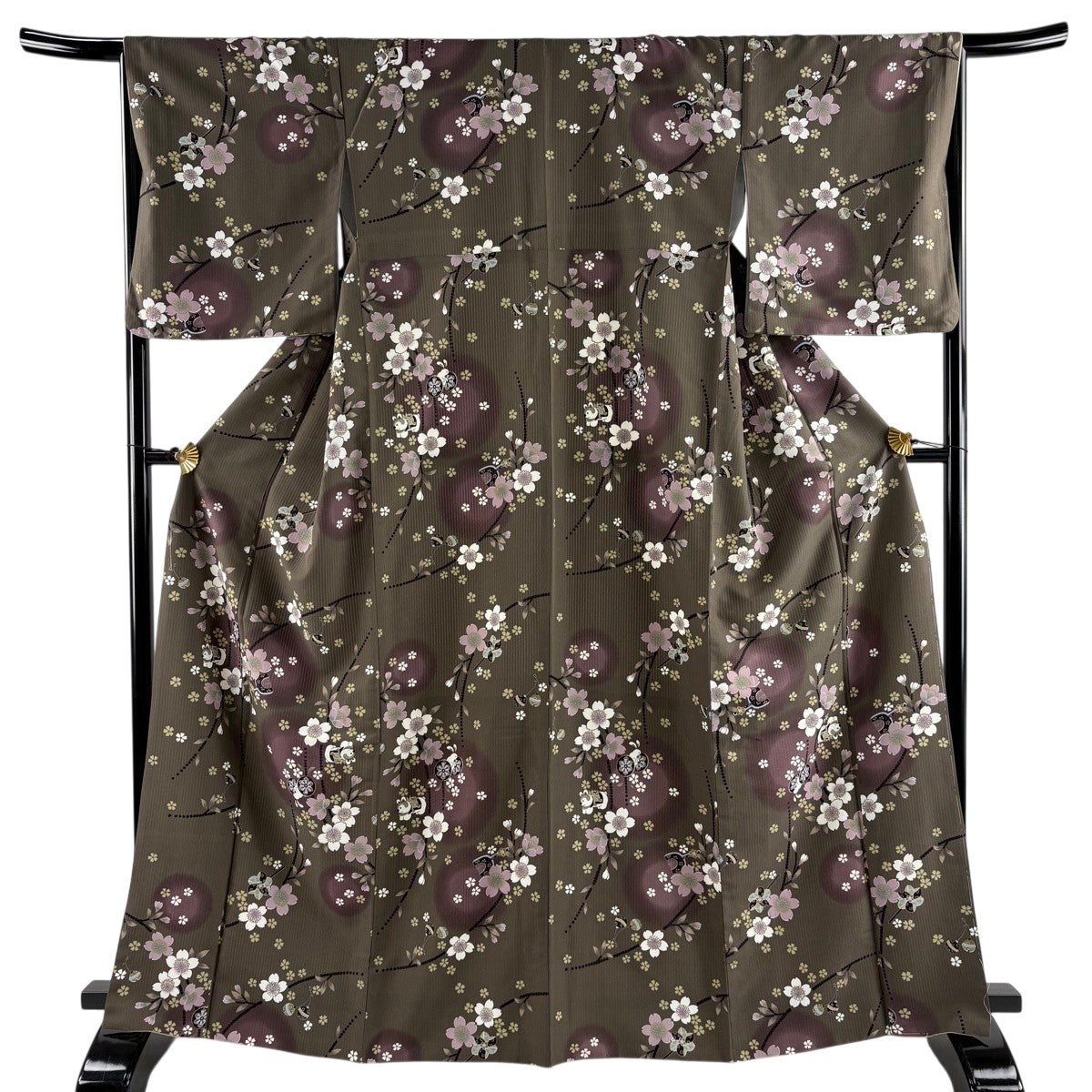 美品】 小紋 身丈165cm 裄丈66.5cm M 袷 桜 玩具 灰茶 化繊 優品｜中古