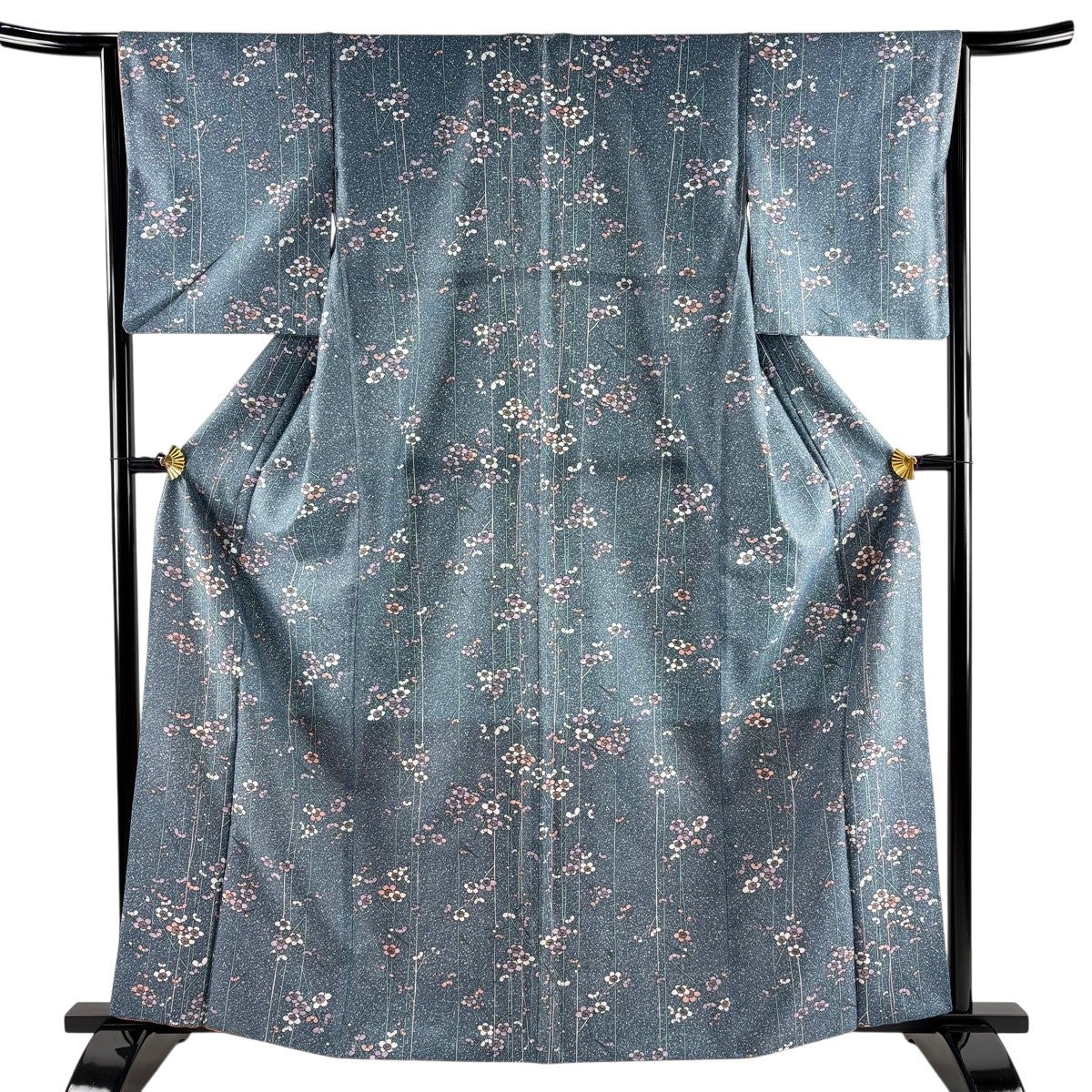 美品】 小紋 身丈166cm 裄丈65.5cm M 薄物 絽 洗える着物 菊 桜 黒