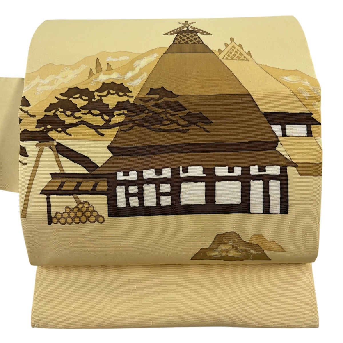 名古屋帯 優品 建物 松 薄黄 正絹｜中古・古着・リサイクル着物通販