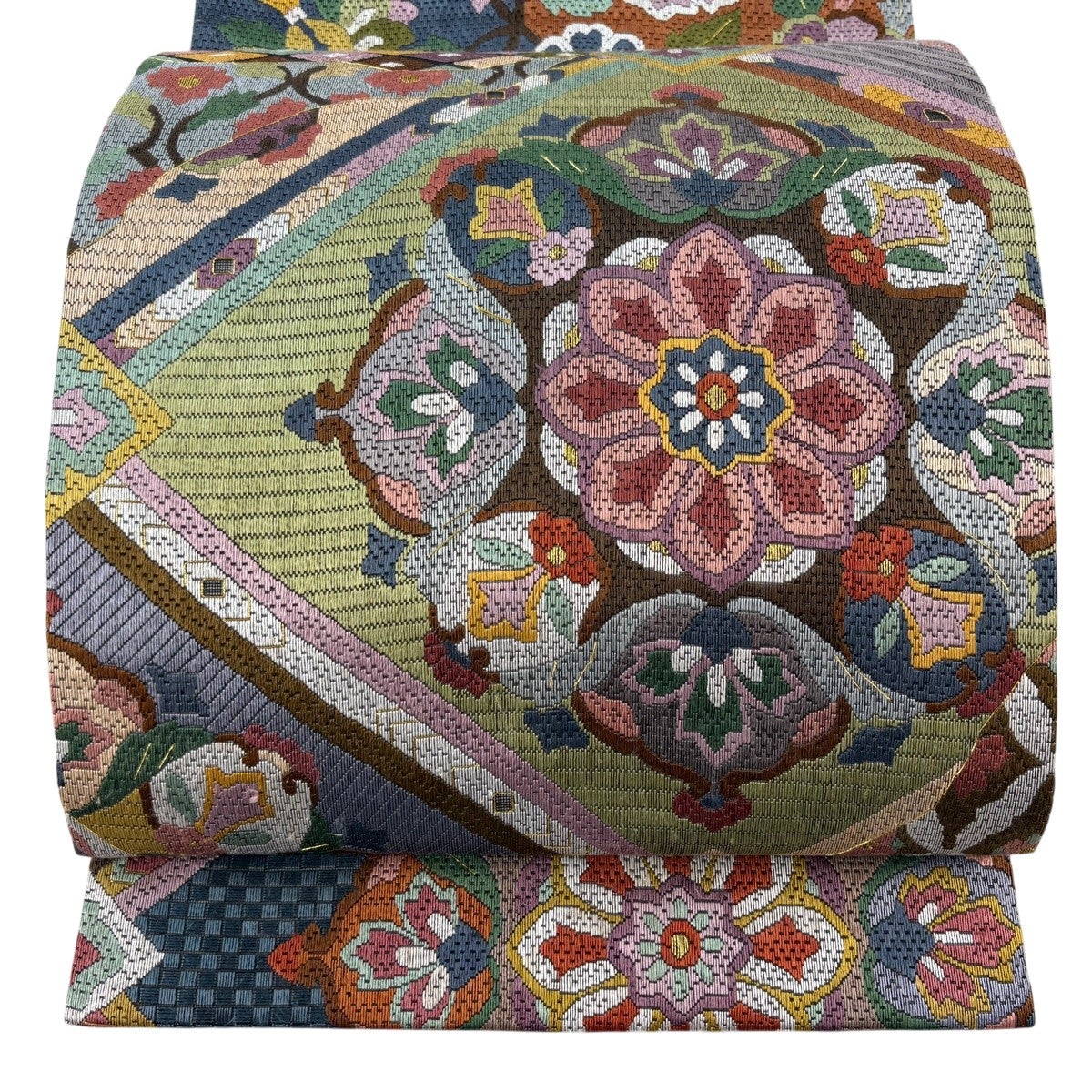 袋帯 逸品 華文 草花 金糸 刺繍 青灰色 全通 正絹｜中古・古着