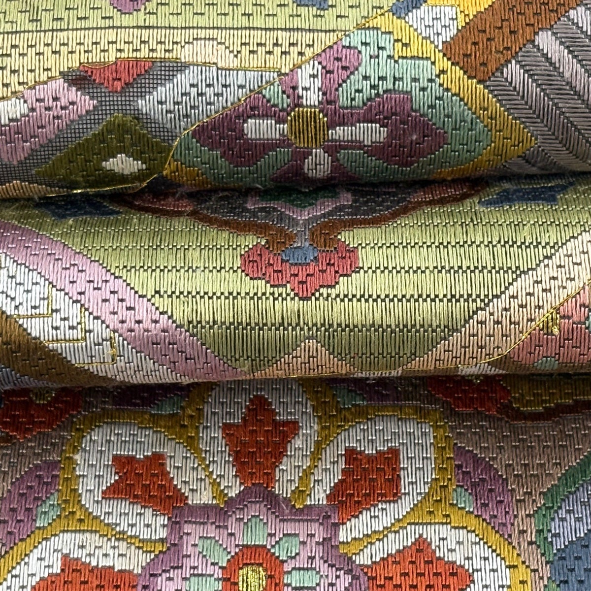 袋帯 逸品 華文 草花 金糸 刺繍 青灰色 全通 正絹｜中古・古着