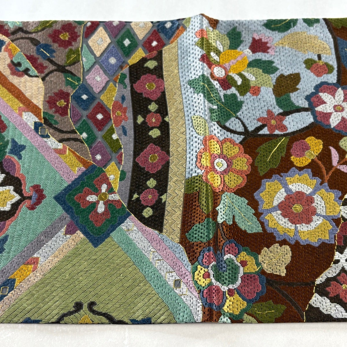 袋帯 逸品 華文 草花 金糸 刺繍 青灰色 全通 正絹｜中古・古着