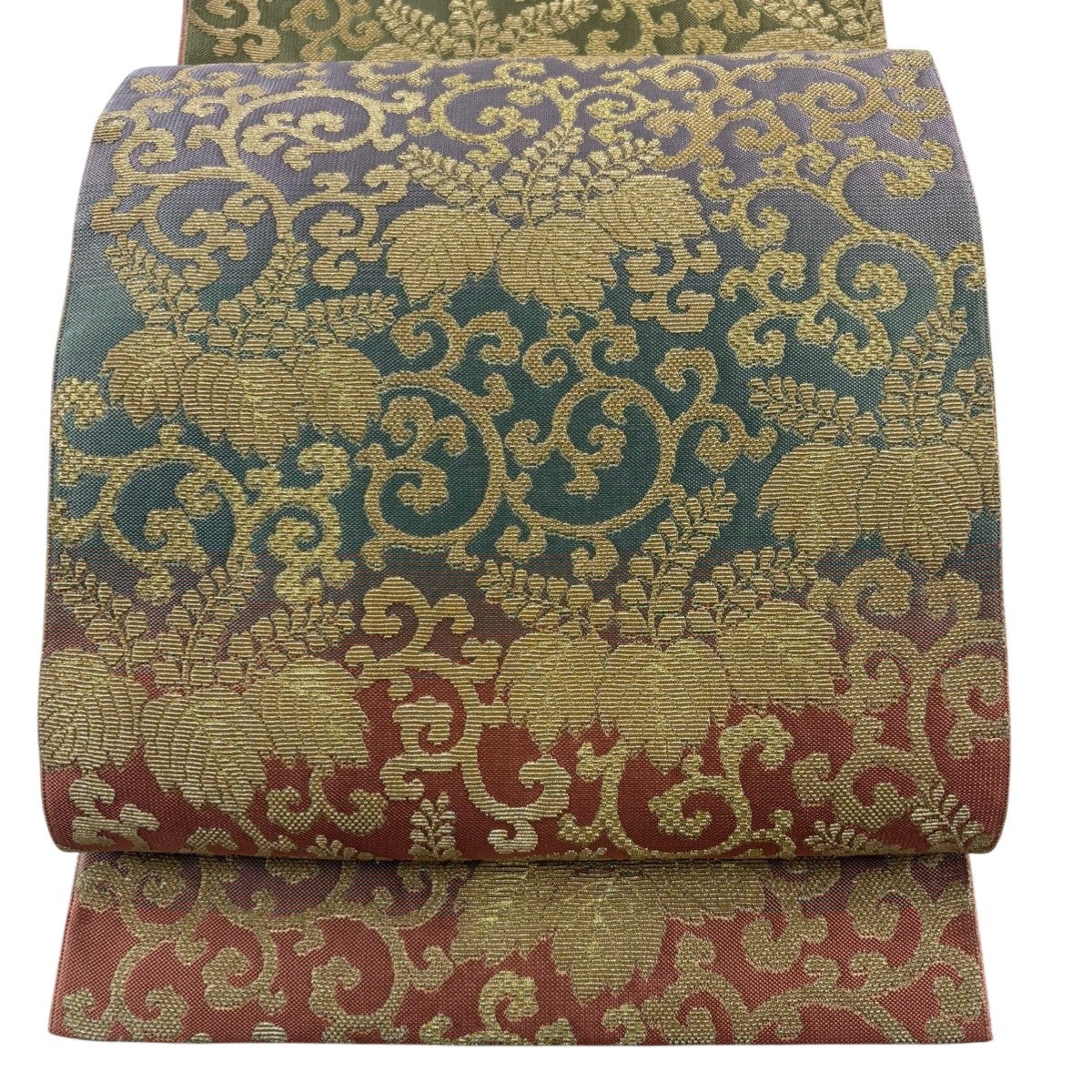美品】 袋帯 名品 向鳥 花唐草 輪奈織 金糸 緑 六通 正絹|中古 美品】 袋帯 名品 向鳥 花唐草 輪奈織 金糸 緑 六通 正絹|中古